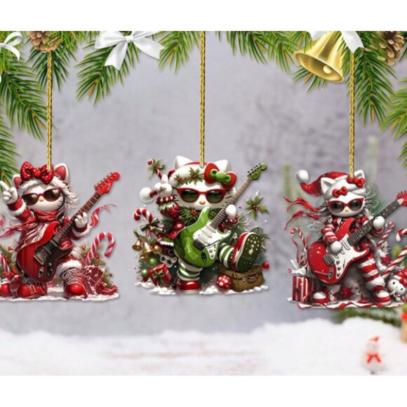 Hello Kitty 2D Acrylic Christmas Tree Ornament Cute Musical Guitar Design Lot 3 - Picture 1 of 5